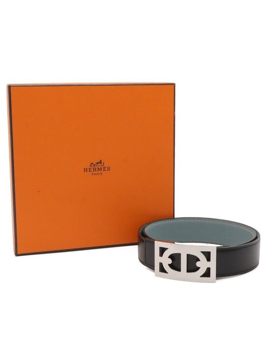 Hermes Chaine D\'ancre Reversible Belt Leather Black Blue Gray Silver 80 main image 4
